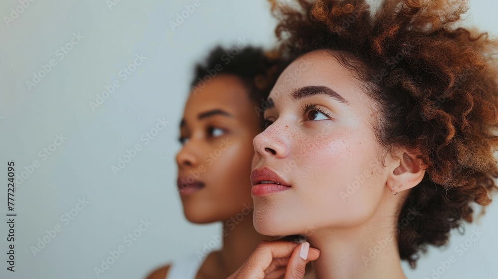 Two young women in a contemplative pose against a neutral background. Two young women in a contemplative pose against a neutral background.