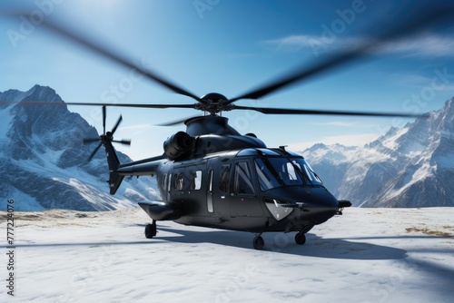 Sleek Black Helicopter in Majestic Mountain Scenery photo