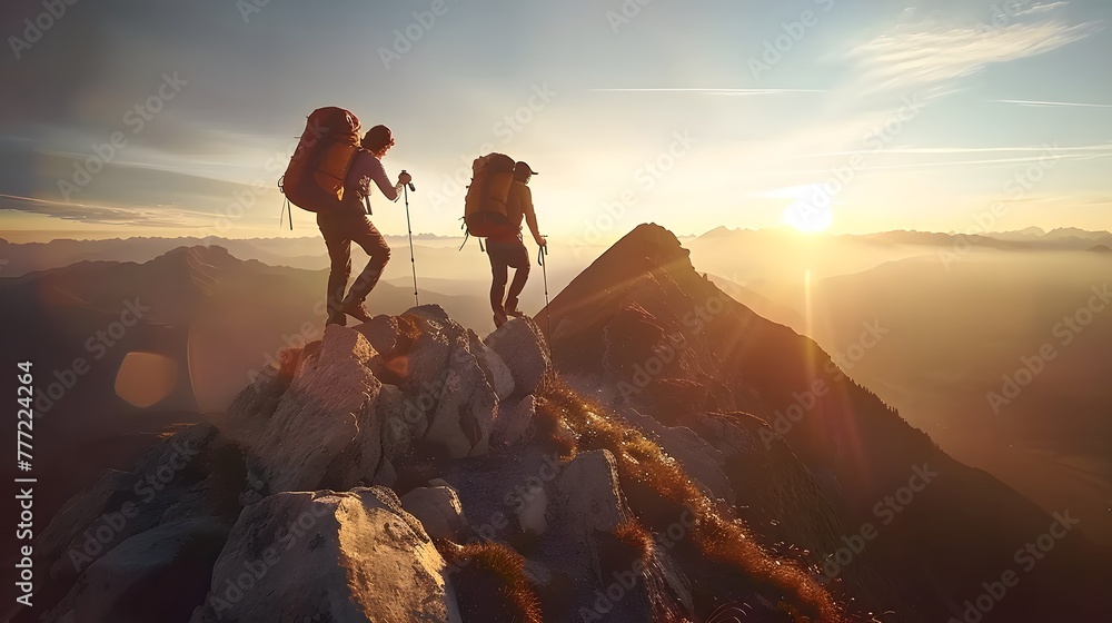 Couple of climbers on top of high mountains at sunset or sunrise, walking and enjoying their team achievement, climbing success, exploration and freedom, looking towards the horizon