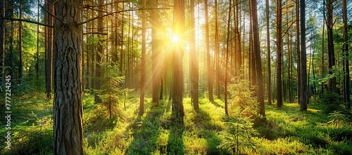 Sunlight shining through the green trees  filtering through the leaves. The rays of the sun are filled with forest aura.