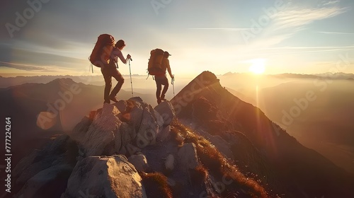 Couple of climbers on top of high mountains at sunset or sunrise  walking and enjoying their team achievement  climbing success  exploration and freedom  looking towards the horizon