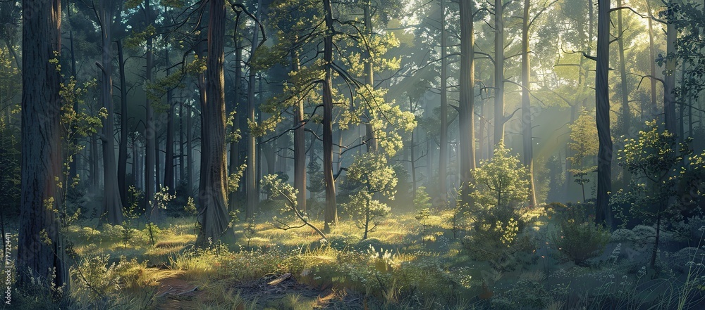 Obraz premium Sunlight shining through the green trees, filtering through the leaves. The rays of the sun are filled with forest aura.
