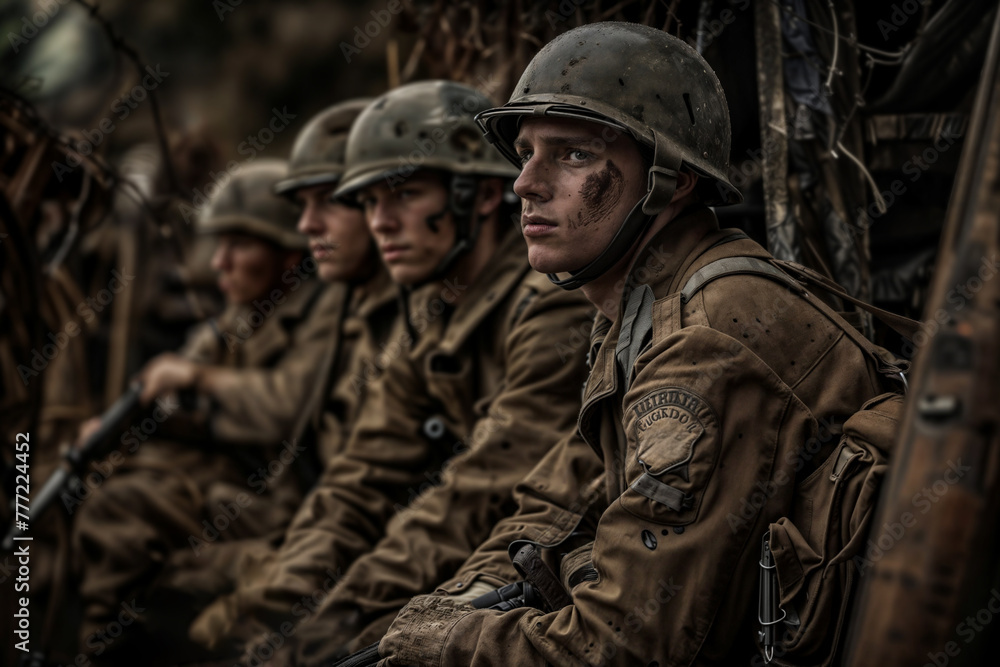 Fototapeta premium Group of reenactors wearing wwii uniforms rest, portraying soldiers in a moment of calm