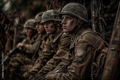 Group of reenactors wearing wwii uniforms rest, portraying soldiers in a moment of calm