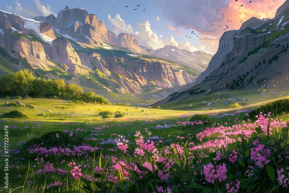 A springtime image with abundant purple flowers surrounded by greenery in the foreground, mountains, clouds and the setting sun in the distance.