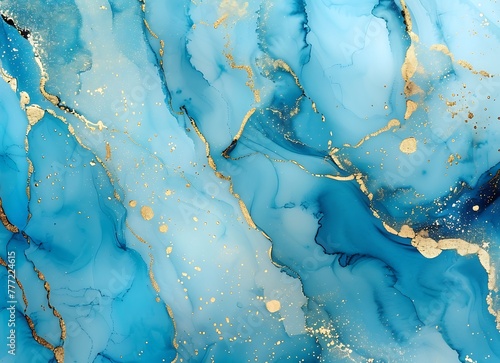 Beautiful texture of blue and turquoise marble with golden glitter, in the style of alcohol ink background