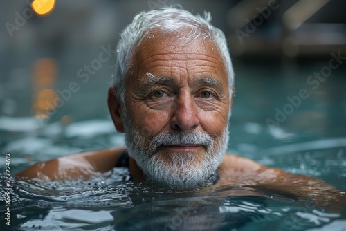 Calm older man with a beard enjoys the tranquility of a pool at twilight