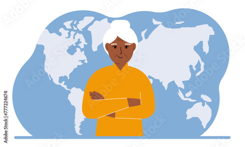 A woman stands in front of a world map with his arms crossed. Vector flat illustration