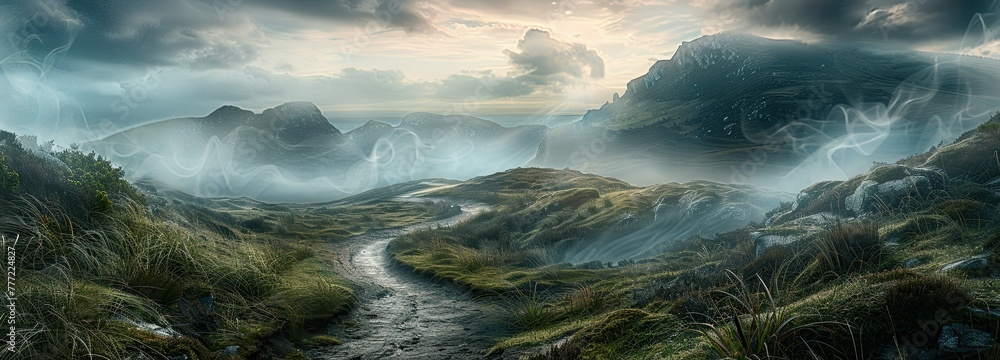 Fototapeta premium Rain clouds enveloped high mountains. An image of a tea party.