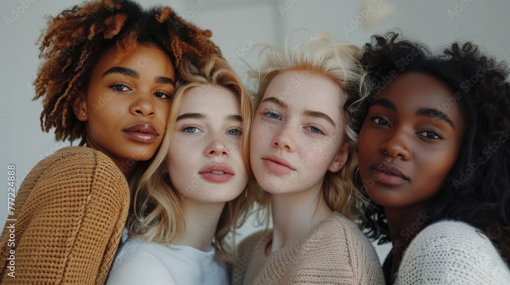 Obraz premium Group portrait of four diverse women, exuding warmth and close friendship.
