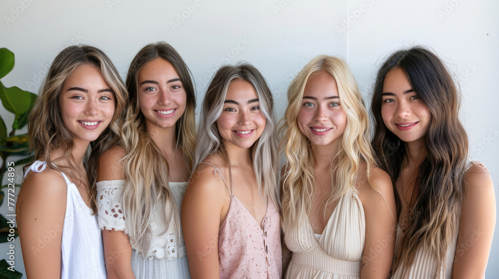 Five young women with ombre hairstyles smiling in a friendly group pose. Five young women with ombre hairstyles smiling in a friendly group pose.