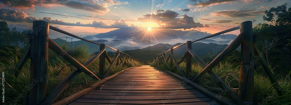 A wooden path, which is located in the bosom of nature reminiscent of eternity, and the sun is shining from the front. - obrazy, fototapety, plakaty 