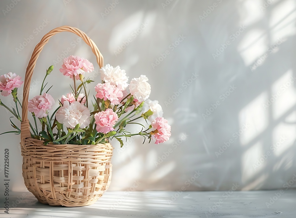 A basket made of bamboo, with pink and white carnations inside the bag, is placed on gray concrete tabletops against light background