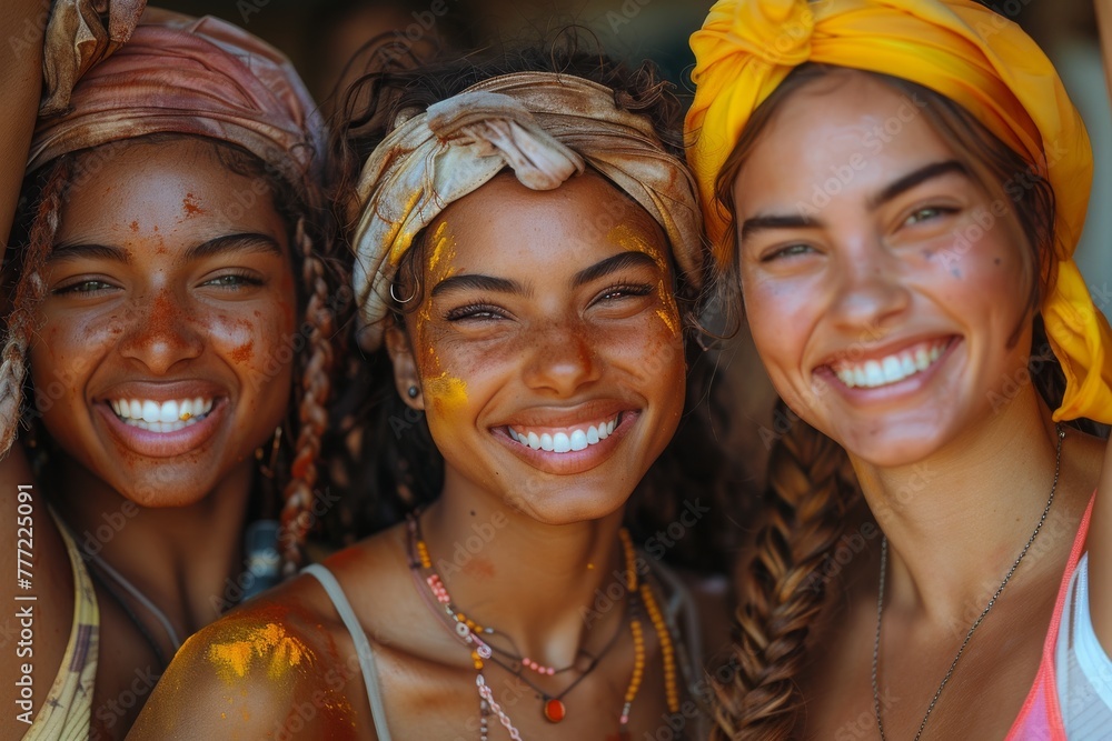 Group portrait of three diverse young women smiling with colorful headwraps and paint on their faces Group portrait of three diverse young women smiling with colorful headwraps and paint on their faces