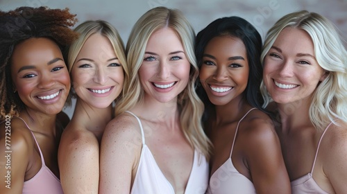 Five smiling women in neutral-toned outfits, showcasing friendship and diversity.