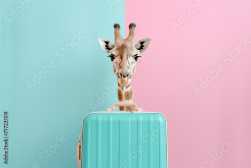 Cute baby giraffe standing behind pastel blue suitcase. Pastel pink and blue background with copy space. Creative animal concept photo