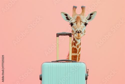 Cute baby giraffe standing behind pastel blue suitcase. Pastel background with copy space. Creative animal concept