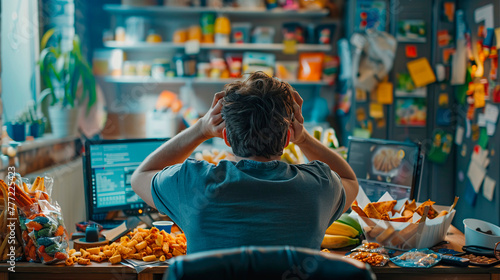 a man sitting at a desk cluttered with junk food wrappers, finding solace in food as a coping mechanism for stress and anxiety