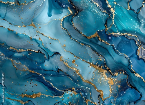 Beautiful texture of blue and turquoise marble with golden glitter, in the style of alcohol ink background
