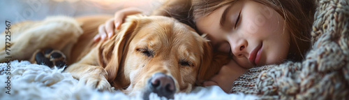 Cute young girl cuddles with dog on bed, sharing warmth and affection in a cozy moment of companionship.