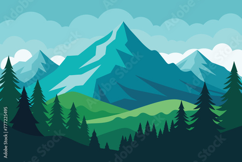 Beautiful Landscape Pine Forest With Mesmerizing Mountain Views vector design © mobarok8888