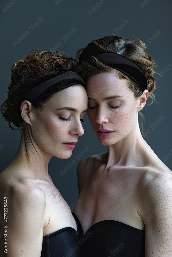 Two women are standing next to each other, both wearing black headbands Two women are standing next to each other, both wearing black headbands