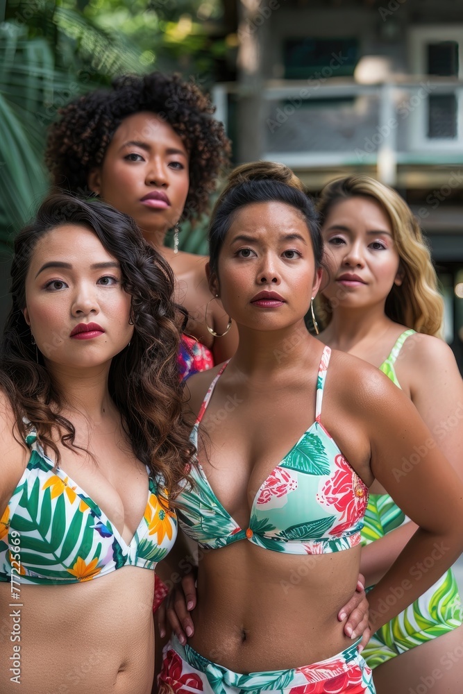 A group of women are posing for a photo wearing colorful bikinis A group of women are posing for a photo wearing colorful bikinis