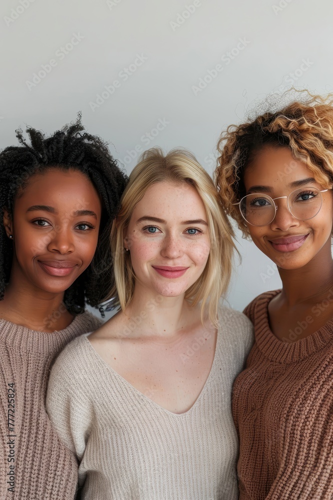 Three women with different hair colors and one wearing glasses Three women with different hair colors and one wearing glasses