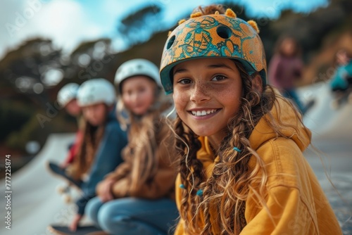 A group of young friends enjoying their time together, with a smiling girl wearing a beanie in focus photo