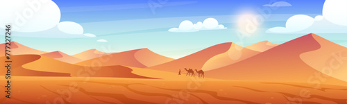 Desert landscape. Vector horizontal illustration of desert with sand dunes, sun, hills, camel caravan. Hot african or wild western mexican nature. Gold desert in sunset. Arabic man in Sahara desert