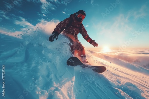 An action shot of a snowboarder carving a trail through deep, untouched snow at golden hour