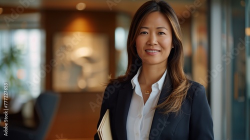 Capture a professional yet approachable image of an attractive Asian businesswoman, smiling and confidently holding a folder in her well-appointed office. 