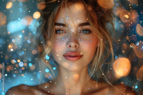 Glamorous close-up of a woman with glitter on her face, bokeh lights creating a magical background