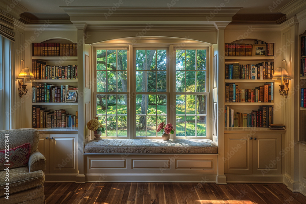 Reading nook adorned with built-in bookshelves and a cozy window seat for relaxation. Reading nook adorned with built-in bookshelves and a cozy window seat for relaxation.