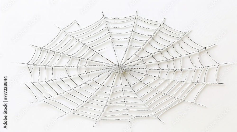 Obraz premium intricate symmetry of a spider's web, its delicate strands shimmering against a blank white background, a testament to the insect's remarkable craftsmanship.