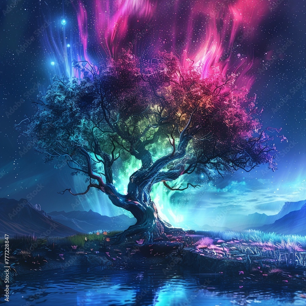 Yggdrasil tree of life with aurora polar lights