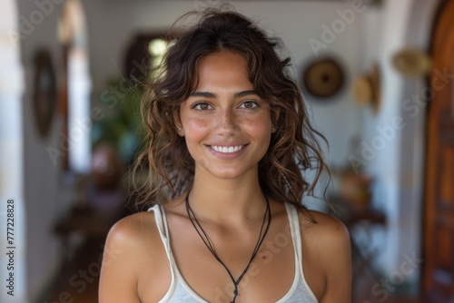 A smiling woman with curly hair in a relaxed casual setting with elegant interior decorations