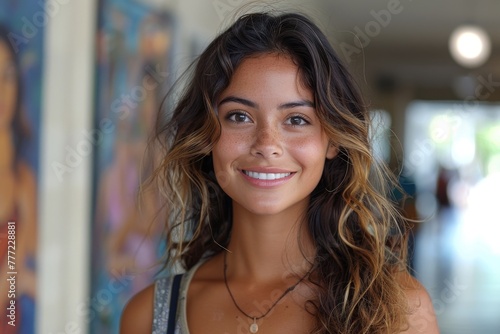Radiant young woman with a friendly smile and relaxed posture against an indoor background