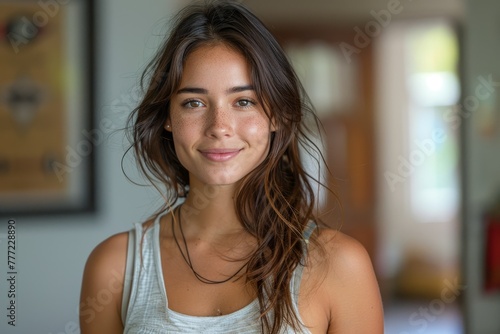 A portrait of a young woman smiling naturally, with slightly messy hair and a relaxed expression