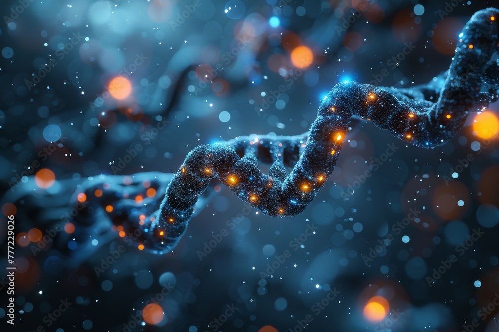 This image depicts a dark blue, almost cosmic, DNA strand surrounded by glowing particles and highlights This image depicts a dark blue, almost cosmic, DNA strand surrounded by glowing particles and highlights