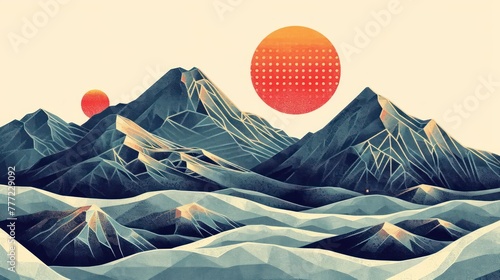 block print style mountain landscape, with bold geometric patterns, against a serene flat color background photo