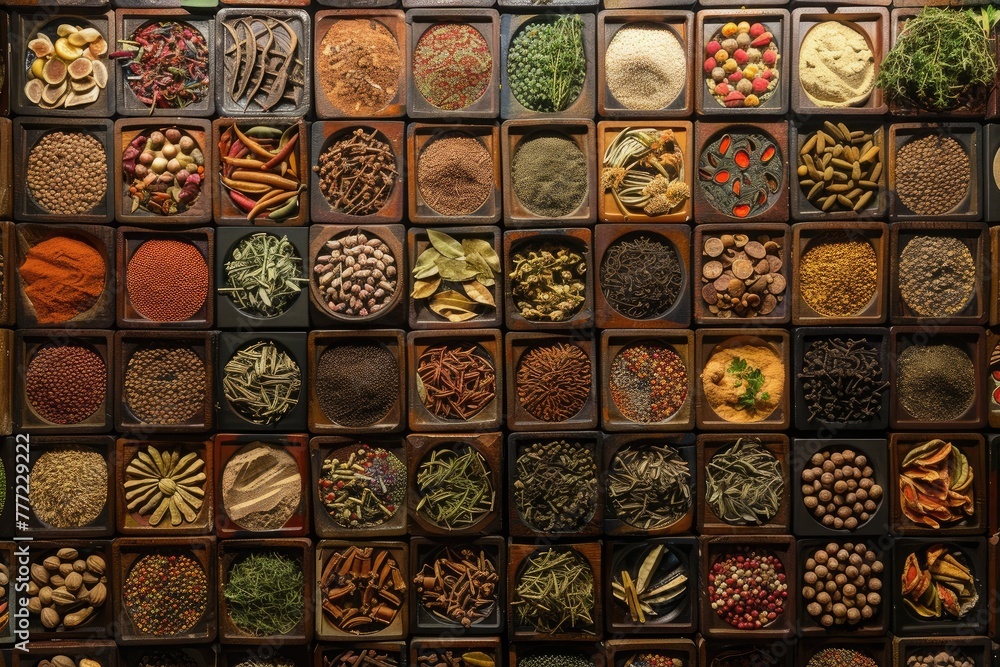 Intricate patterns of herbs and spices adorning the wall in a culinary tapestry.