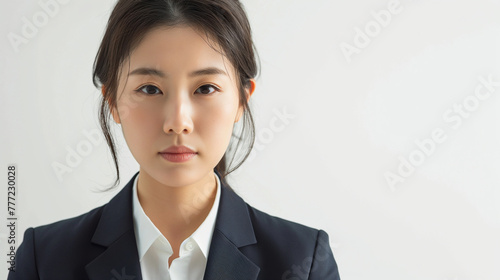 スーツを着て真剣な表情で見つめる日本人の若い女性のポートレート