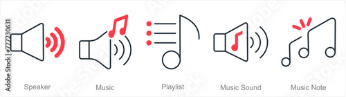 A set of 5 Music icons as speaker, music, playlist