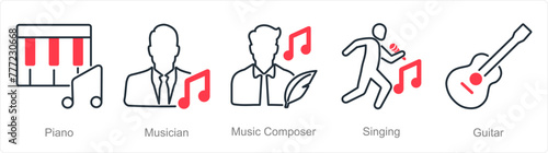 A set of 5 Music icons as piano, musician, music composer