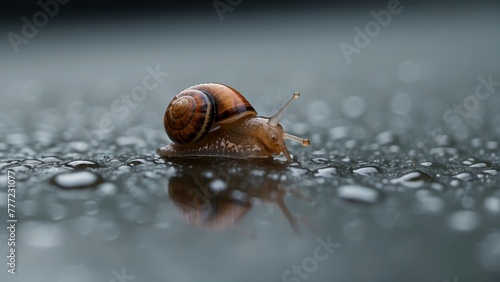 Snail gliding on wet surface with droplets photo