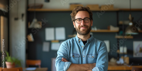 Confident creative professional with glasses, arms crossed, in a casual denim shirt, standing in a modern workspace