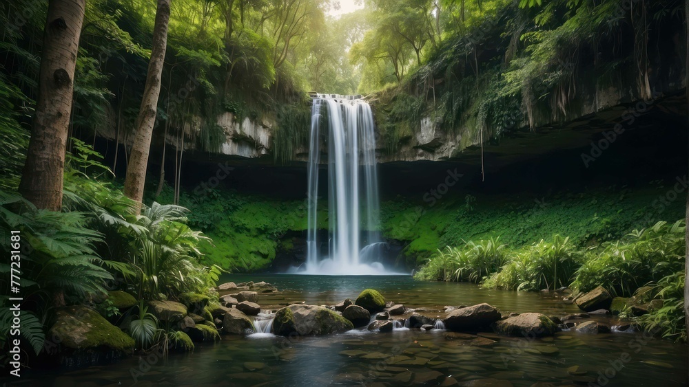 Tranquil waterfall in lush green forest Tranquil waterfall in lush green forest
