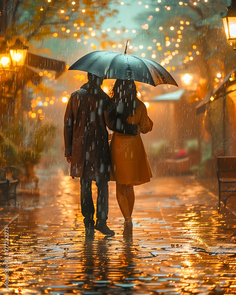 Couple in the Rain: A Cozy Stroll Under Twinkling Lights-2