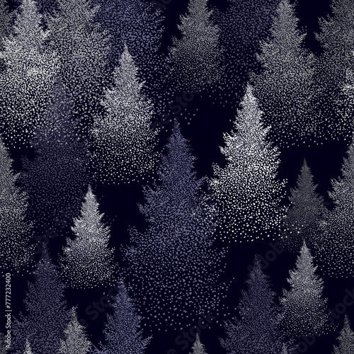 Seamless pattern of snowy spruce trees. hand drawing. Not AI. Vector illustration